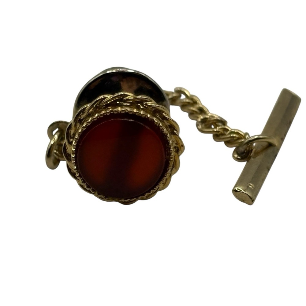 Carnelian Agate Tie Tack Vintage Pin Round W Chain Gold Tone Twisted Edges Stone